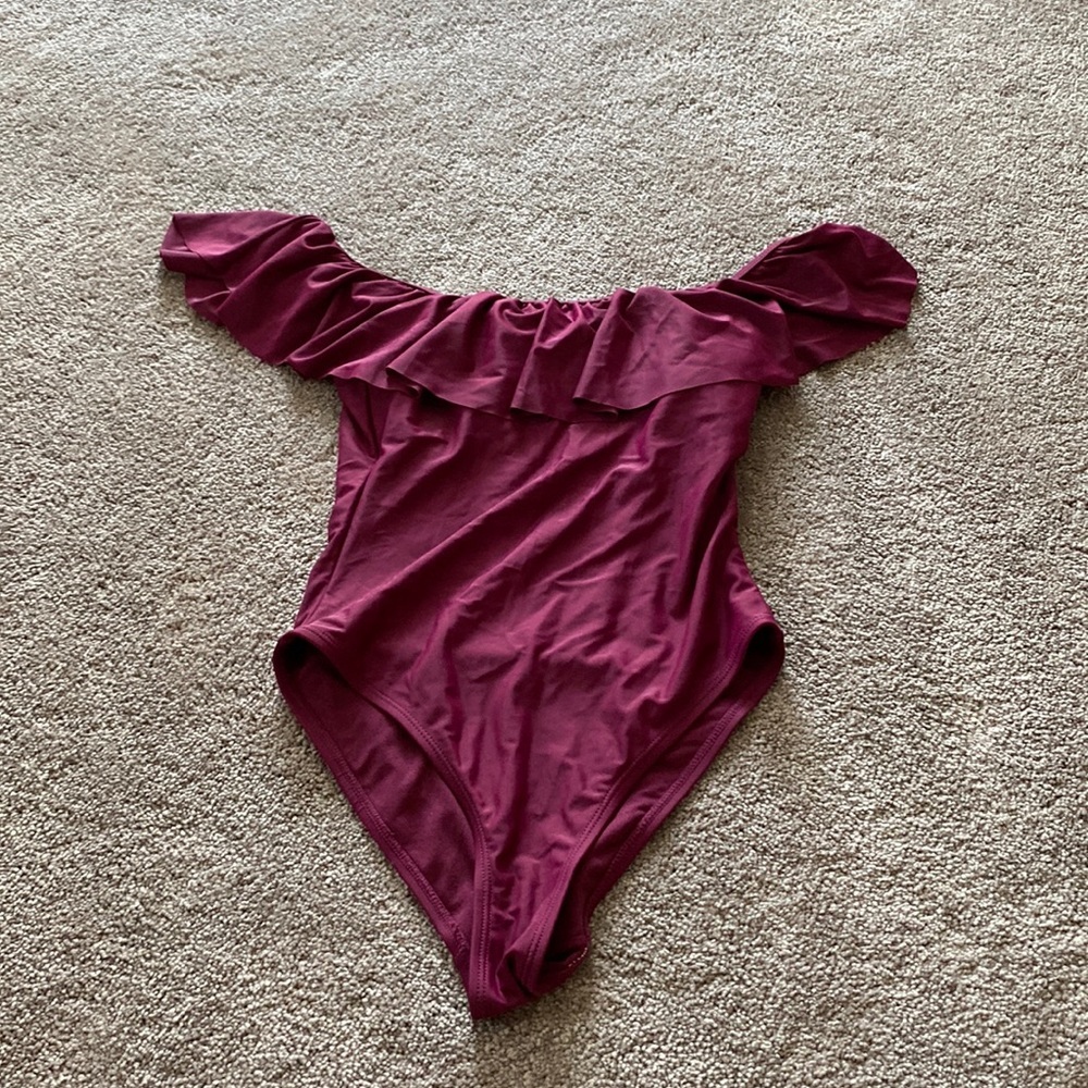 Cabana Del Sol Burgundy One Piece Off Shoulder Ruffle Swimsuit SIZE S